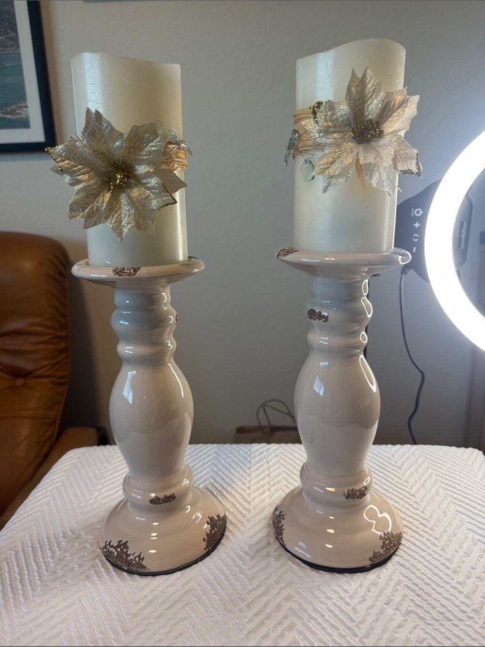 Pier 1 Cream Ceramic Candle Holders with Gold Floral Embellishments - Pair